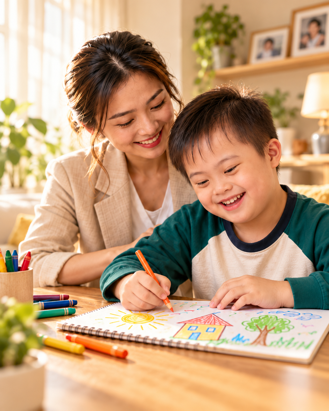 妈妈温暖陪伴特殊孩子画画,孩子的脸与上半身清晰可见